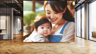 A joyful moment between a mother and her child playing together in the park Wall mural