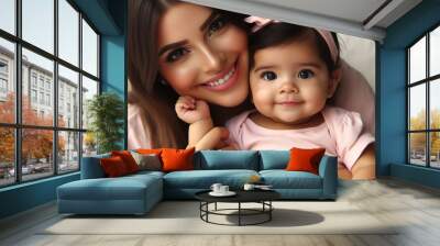 A joyful mother and her child share a loving moment, embodying the happiness and care of family togetherness Wall mural