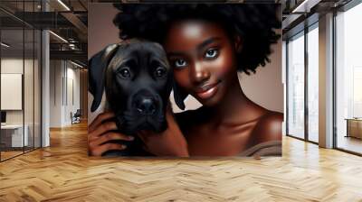 Black and white photo of a woman with a cute Labrador puppy in a studio setting Wall mural