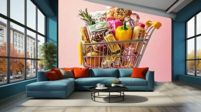 Red metal trolley full of gift boxes for holiday shopping Wall mural