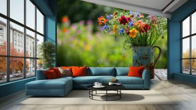 Bunch of wild field flowers on table, summer scenery, natural green garden background Wall mural