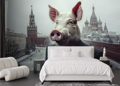 Corrupt politician, lobbyist, bureaucrat with pig head, cityscape in background Wall mural