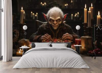 Creepy goblin sitting at the table with candles and torn off small faces Wall mural