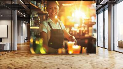 Female bartender in tropical seaside bar Wall mural