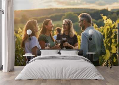 Happy tourists tasting wine on a vineyard Wall mural