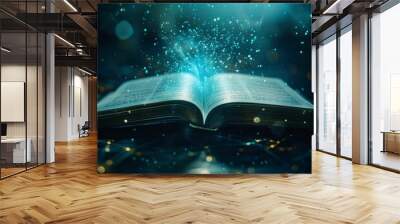 Open book on abstract digital background, magic light coming from pages Wall mural