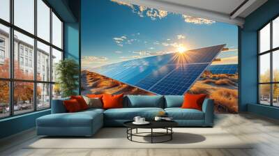 Solar park in desert, sunset time Wall mural