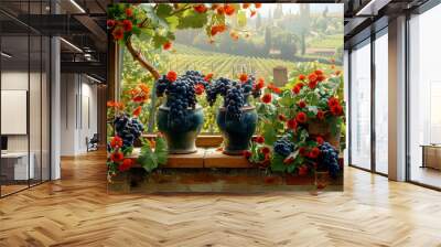 Still life with grapes and flowers Wall mural