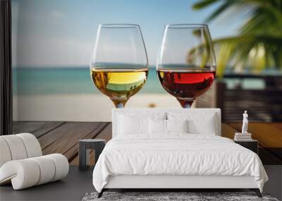 Two glasses of white and red wine at the sea Wall mural