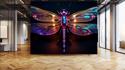 Unreal, fantastic neon glowing dragonfly on black background Wall mural