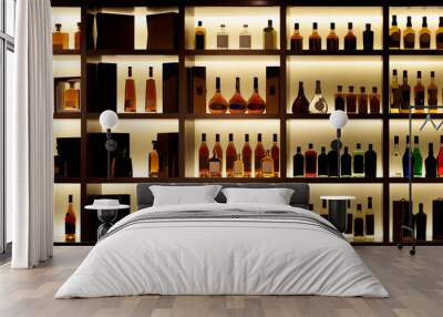 Various alcohol bottles in a bar, back light, logos removed Wall mural