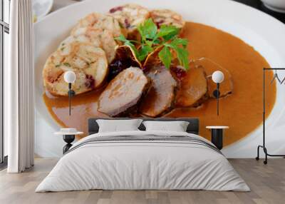 Veal fillet with rich sauce and dumplings Wall mural