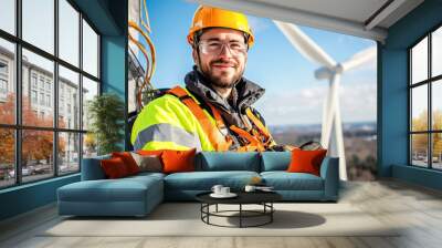 A smiling worker in safety gear poses proudly next to a wind turbine against a clear blue sky, showcasing renewable energy innovation. Wall mural