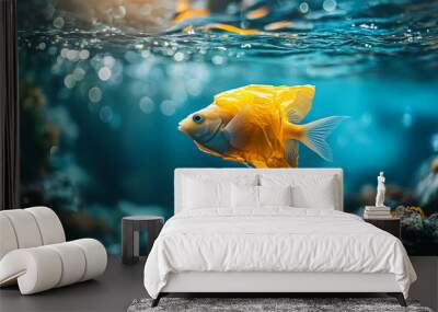 A vibrant orange fish gracefully swims through clear water, surrounded by shimmering light and colorful underwater scenery. Wall mural