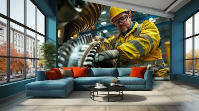 An engineer in a safety helmet and gloves meticulously inspects a large turbine engine in an industrial workshop setting. Wall mural