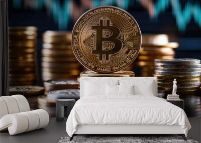 Bitcoin cryptocurrency coins stacked on table with trading graph in background Wall mural