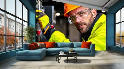 focused electrical technician in safety gear works on control panel, showcasing professionalism and attention to detail. bright yellow jacket and helmet emphasize safety in workplace Wall mural