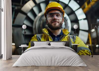 maintenance engineer stands confidently in factory, wearing yellow safety jacket and helmet, with protective glasses. large machinery in background highlights industrial environment Wall mural