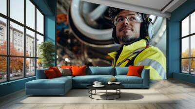 maintenance engineer wearing safety gear and headphones stands confidently near large turbine, showcasing professionalism and focus in industrial environment Wall mural