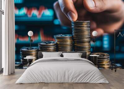 Stock market growth concept with coin stacks and financial chart on blurred background, representing investment, trading, and economic progress. Wall mural