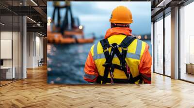 technician in safety harness and bright orange workwear stands by water, observing offshore wind turbines in distance. scene conveys sense of safety and professionalism in maritime environment Wall mural