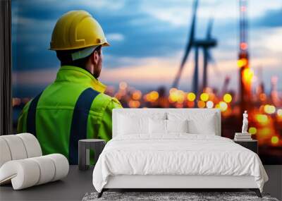 technician in safety helmet and reflective jacket observes offshore wind turbines at sunset, surrounded by vibrant cityscape. scene conveys sense of safety and professionalism Wall mural