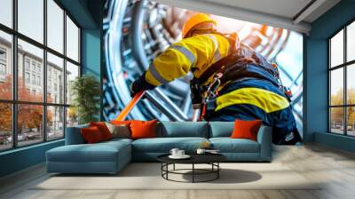 wind turbine technician is climbing ladder inside turbine structure, showcasing importance of safety and skill in renewable energy sector Wall mural