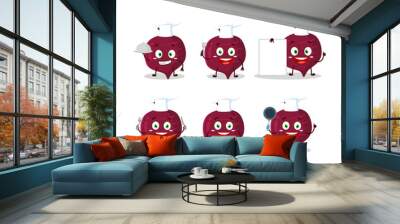 Cartoon character of beet root with various chef emoticons Wall mural