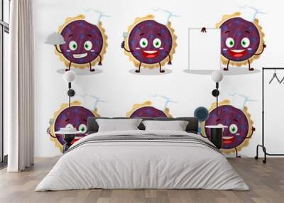 Cartoon character of blueberry pie with various chef emoticons Wall mural