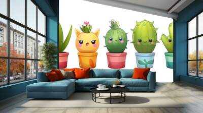 Collection of adorable cartoon cactus and succulents with happy faces, potted and isolated on white background. Wall mural