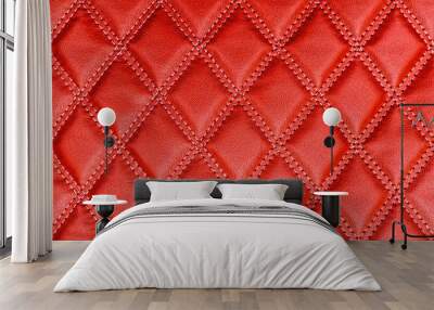 Red leather texture with stitched rhombuses Wall mural