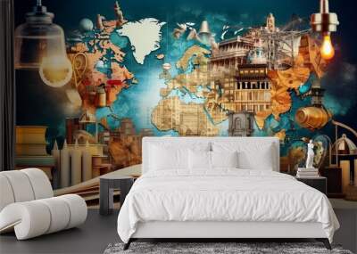 Education and Intelligence Collage with Global Travel Theme, bulb, light, map, generative AI Wall mural