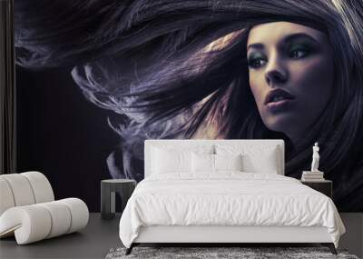 Beautiful lady with long brown hair, at moonlight Wall mural