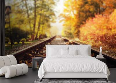 Colorful autumn leaves falling down on railway tracks Wall mural