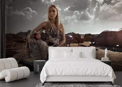 Post-apocalyptic beautiful blonde woman outdoor Wall mural