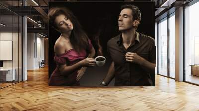 Sexy couple with cup of coffee Wall mural