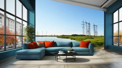 summer landscape with electricity pylons Wall mural