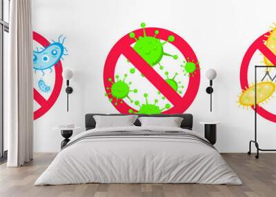 3 stop viruses and bad bacterias or germs prohobition sign. Big viruses or gems in the red stop defence circle flat style design vector illustration isolated on white background. Wall mural