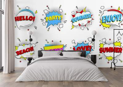 8 Comic Lettering Summer In The Speech Bubbles Comic Style Flat Design. Dynamic Pop Art Vector Illustration Isolated On White Background. Exclamation Concept Of Comic Book Style Pop Art Voice Phrase. Wall mural