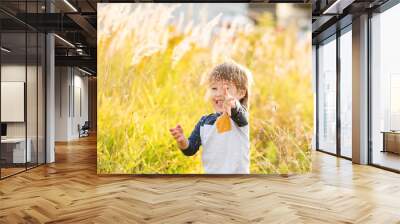 Cute toddler plays in field. Smiling boy throws plant seeds in the air. Autumn outdoor leisure activity for children. Fall season. Wall mural