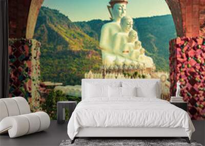 Amazing Thailand Temple with big Buddha statue on background scenery nature landscape at sunrise. Beautiful Landmark of Asia, Asian culture and religion. Wall mural