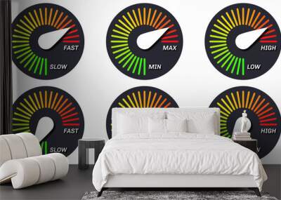 Abstract speedometer with scale from green to red. Slow and fast. Minimum and maximum. Low and high. Vector illustration. Wall mural