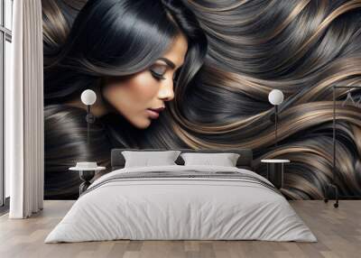 Beautiful hair. Beauty woman brunette with long shiny highlighted hair as background Wall mural