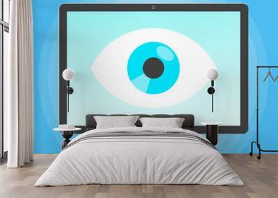 Big brother concept. Smart phone spying with big eye on the screen of PC monitor isolated on light blue background flat style design vector illustration. Wall mural