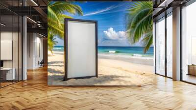 Blank poster in a frame mockup on a tropical beach with white sand, turquoise ocean and palm trees. Wall mural