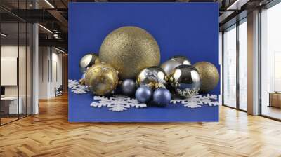 Christmas toys and snowflakes in the background. Wall mural