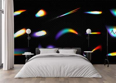 Crystal rainbow light leak flare reflection effect vector illustration set. Colorful optical rainbow lights beams lens flare leak overlay streaks on transparent dark background. Wall mural