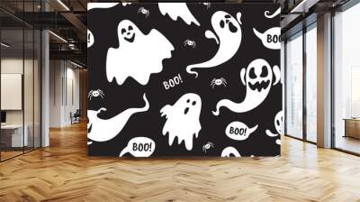 Cute ghost boo holiday character seamless pattern flat style design vector illustration set isolated on dark background. Halloween haunted boo spooky symbol flying above the ground. Wall mural