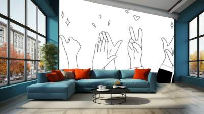 Doodle sketch hands up gestures comic icons silhouettes vector set. Group of line art fun comic hands in the air. Voting or happy congratulation audience recognition symbols. Wall mural