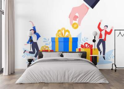 Earn loyalty program points, get online reward and gifts. Get loyalty card and customer service business concept flat design vector illustration. Tiny people with big gift boxes. Wall mural